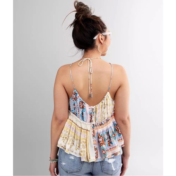 Free People Bellini Patchwork Halter Top Size L Spaghetti Straps Deep V-Neck - Picture 2 of 11